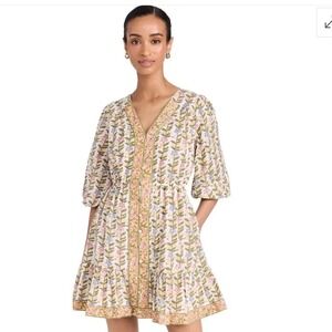 Marea Solana Floral Print Mini Dress Block Print Cotton Puff Sleeve Large